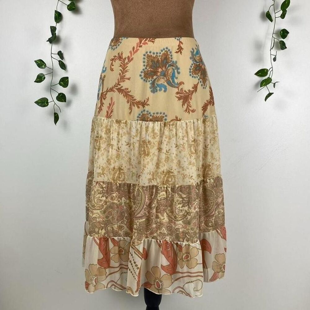 Y2k Express fairy tiered midi skirt paisley floral patchwork brown/tan cottage